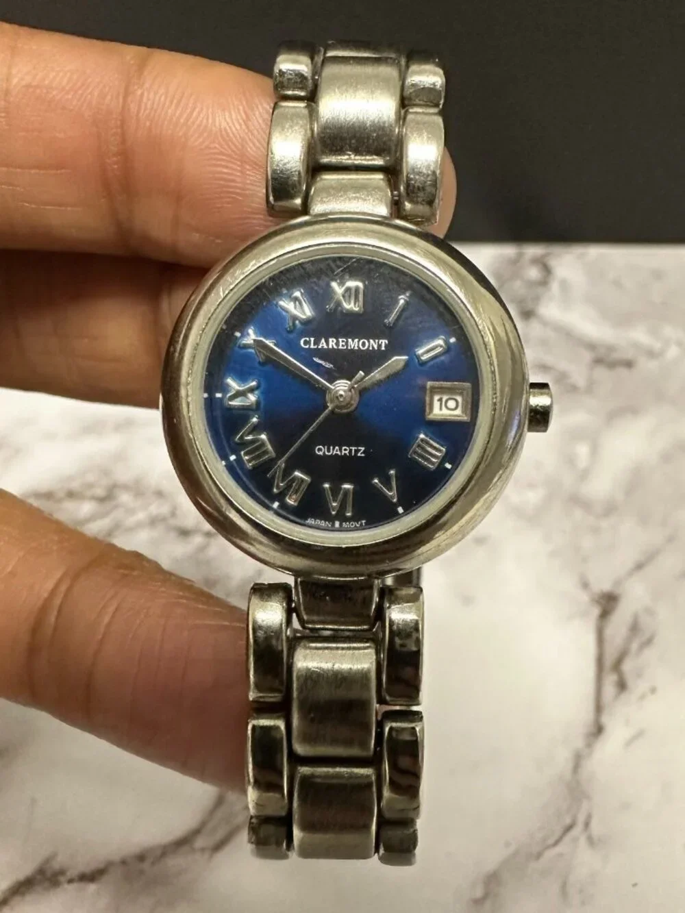 3/$30 Claremont Watch Women Silver Tone Blue Dial Date Window 24MM Round